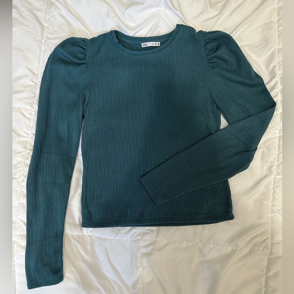 Zara Teal Long Sleeve Ribbed Tee